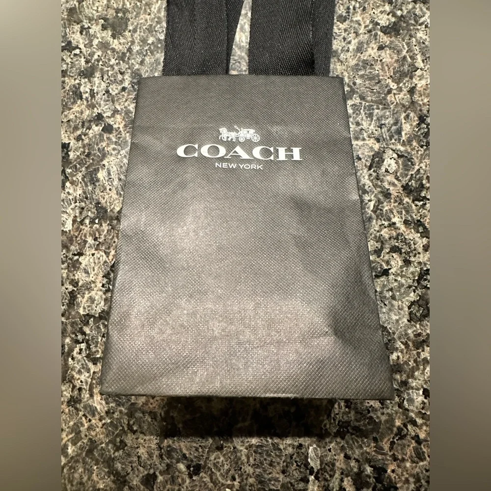 Coach paper bag with black fabric ribbon-like handles.